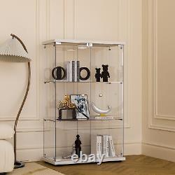 3 Shelves Glass Display Cabinet WithLED Light 2 Doors White Storage Case For Curio