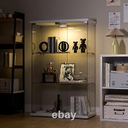 3 Shelves Glass Display Cabinet WithLED Light 2 Doors White Storage Case For Curio