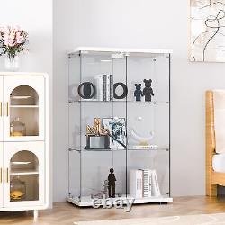 3 Shelves Glass Display Cabinet WithLED Light 2 Doors White Storage Case For Curio