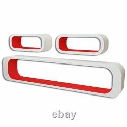 3 White-Red MDF Floating Wall Display Shelf Cubes Book/DVD Storage