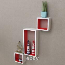 3 White-Red MDF Floating Wall Display Shelf Cubes Book/Dvd Storage