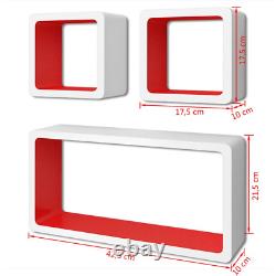 3 White-Red MDF Floating Wall Display Shelf Cubes Book/Dvd Storage