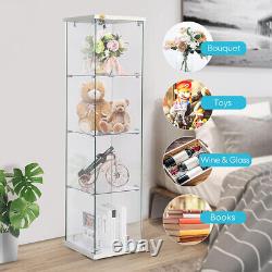 4 Shelf Glass Display Cabinet Glass Curio Cabinet Bookshelf Showcase with Lock