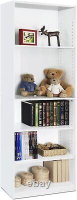 5 Shelf Bookcase Storage Adjustable Shelves Display Living Room Bedroom White US