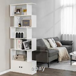 6-Tier Bookshelf with Cabinet Geometric S-Shaped Display Shelf White
