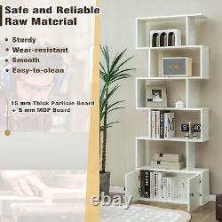 6-Tier Bookshelf with Cabinet Geometric S-Shaped Display Shelf White