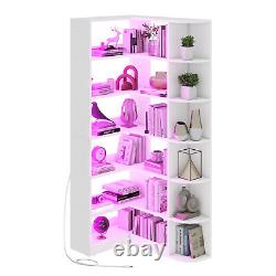 6 Tier Corner Bookshelf with LED light L-Shaped Bookcase Storage Display Shelf