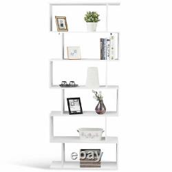 6 Tier S-Shaped Bookcase Modern Storage Display Z-Shelf Style Bookshelf White