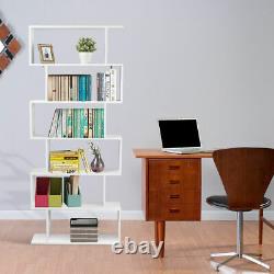 6 Tier S-Shaped Bookcase Modern Storage Display Z-Shelf Style Bookshelf White