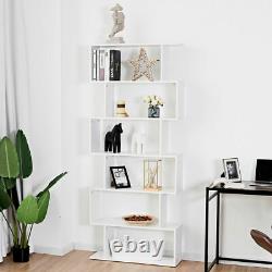 6 Tier S-Shaped Bookcase Z-Shelf Style Storage Display Modern Bookshelf White