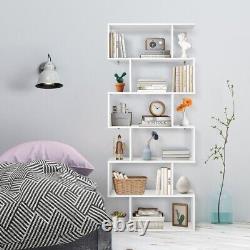 6-Tier S-Shaped Bookshelf Storage Display Bookcase Decor Z-Shelf Bookcase White