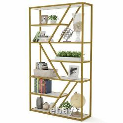 71''H Bookshelf White and Gold Modern Bookcase Elegant Storage Display Shelves