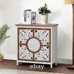 Accent Cabinet with 2 Doors Distressed Storage Display Cabinet with Hollow-Carved