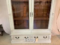 Antique Bookcase Storage Display Painted Tinted Light Green White Glass Front