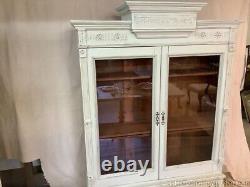 Antique Bookcase Storage Display Painted Tinted Light Green White Glass Front