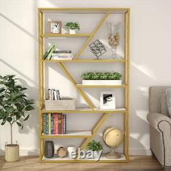 Bookcase Display Shelf Organizer with 7 Shelves Storage Capacity& Gold Metal Frame