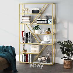 Bookcase Display Shelf Organizer with 7 Shelves Storage Capacity& Gold Metal Frame
