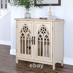 Distressed Accent Storage Display Cabinet with Hollow Carved Church Window Doors