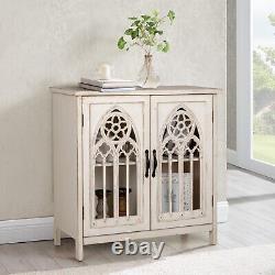 Distressed Accent Storage Display Cabinet with Hollow Carved Church Window Doors
