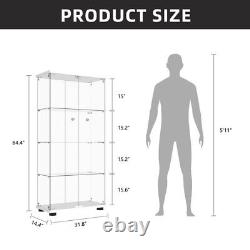 Glass Display Cabinet 4 Shelves 2 Doors WithLED Push Light Storage Case For Curio