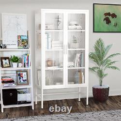 Glass Display Storage Cabinet Adjustable Shelves Steel Frame Sideboard White