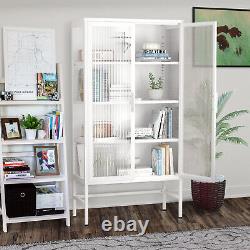 Glass Display Storage Cabinet Adjustable Shelves Steel Frame Sideboard White