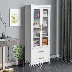 Glass Door Display Cabinet Floor Standing with 2 Drawer Storage Cabinet Bookshelf