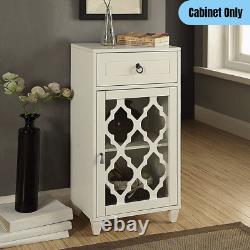 Glass-Door Floor Cabinet with Drawer Wooden Elegant Accent Display Storage White