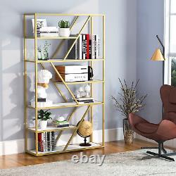 Home Office Display Shelf Storage Organizer White+Gold Bookshelf for Living Room
