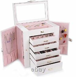 Huge Leather Jewelry Box / Case / Storage Display Organizer White and Pink XL