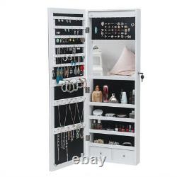 Jewelry Cabinet Mirrored Organizer Storage Wall & Door Mounted WithLED Light White