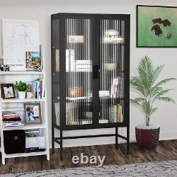 Metal Storage Cabinet with Fluted Glass Doors Tall Curio Display Cabinet