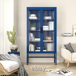 Metal Storage Cabinet with Fluted Glass Doors Tall Curio Display Cabinet
