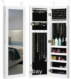 Mirrored Jewelry Cabinet Organizer Storage Wall Door Mounted White withLED Light