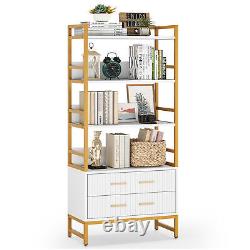 Modern 2 Drawer Ladder Bookcase with 4 Tier Open Bookshelf, Wood Display Storage