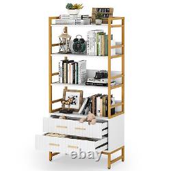 Modern 2 Drawer Ladder Bookcase with 4 Tier Open Bookshelf, Wood Display Storage