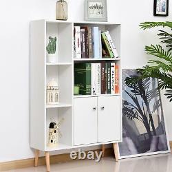 Modern Office Bookcase Elevated Wooden Storage Unit Shelves Display Case White