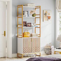 Modern Wood Bookcase with Doors, Open Bookshelf Storage Shelves Display Cabinet