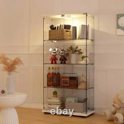 NEW 4-Shelf Glass Display Cabinet 2 Doors Bookshelf WithLed Light Curio Case White