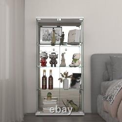 New Glass Display Cabinet 4 Shelves withMirror Bookshelf Trophy Case Curio White