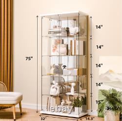 New Glass Display Cabinet 5 Shelves withMirror Bookshelf Trophy Case Curio White