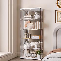 New Glass Display Cabinet 5 Shelves withMirror Bookshelf Trophy Case Curio White