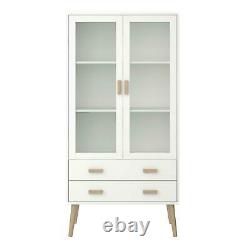 Retro White Display Cabinet 2 Glass Doors 2 Drawer Storage Sideboard Pine Legs