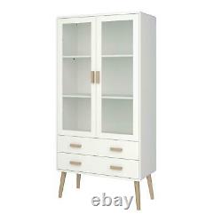 Retro White Display Cabinet 2 Glass Doors 2 Drawer Storage Sideboard Pine Legs