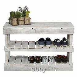Rustic Farmhouse Shoe Bench Reclaimed Wood Display Storage Organizer Shelf White