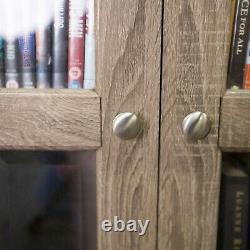 Rustic Wooden Media Cabinet CD-DVD Storage Shelf Tower Glass Door Stand Display
