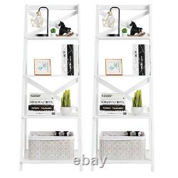Set of 2 Ladder Shelf 4-Tier Bookcase Storage Display Plant Leaning Shelf White