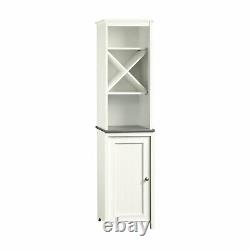 Tall Linen Cabinet Tower Bathroom Shelf w Door Bath Towel Storage Display White