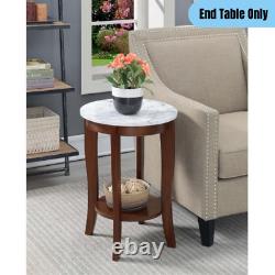 Traditional Round End Table Display Storage White Faux Marble Top Brown Finish