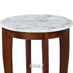 Traditional Round End Table Display Storage White Faux Marble Top Brown Finish